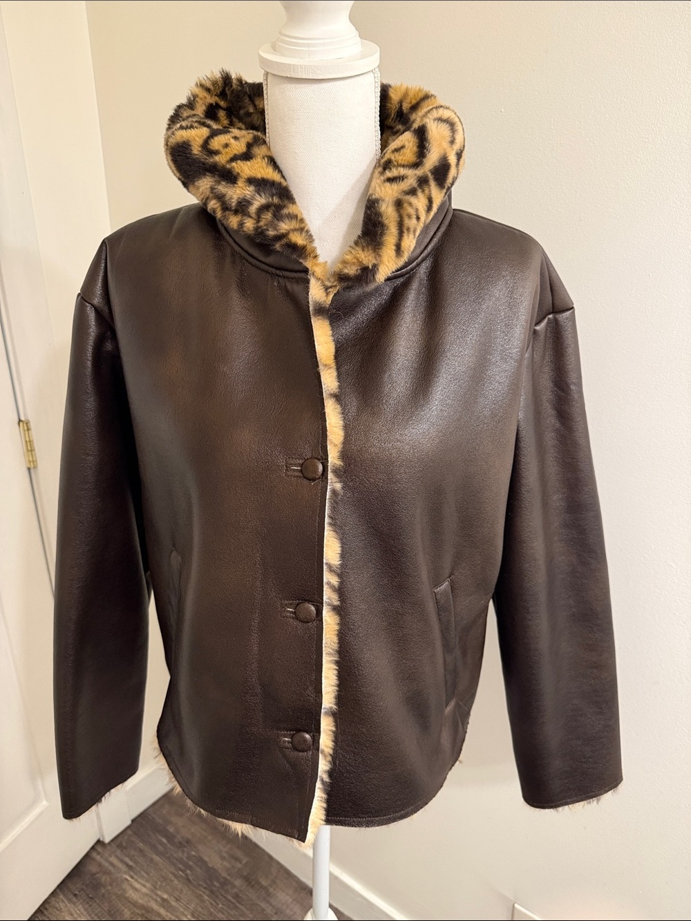 Marc New York Leopard Faux Fur Leather Brown Hooded Jacket Women’s Size Small - Picture 1 of 15